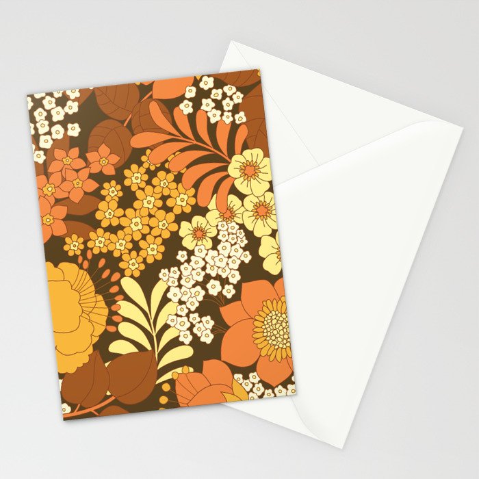 Brown, Yellow, Orange qnd Ivory Retro Flowers Stationery Card Gallery Image 2