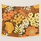 Brown, Yellow, Orange qnd Ivory Retro Flowers Wall Tapestry Gallery Image 4