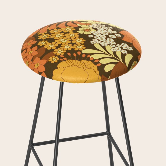 Brown, Yellow, Orange qnd Ivory Retro Flowers Stool Gallery Image 2