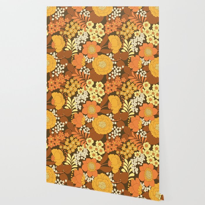 Brown, Yellow, Orange qnd Ivory Retro Flowers Wallpaper Gallery Image 2