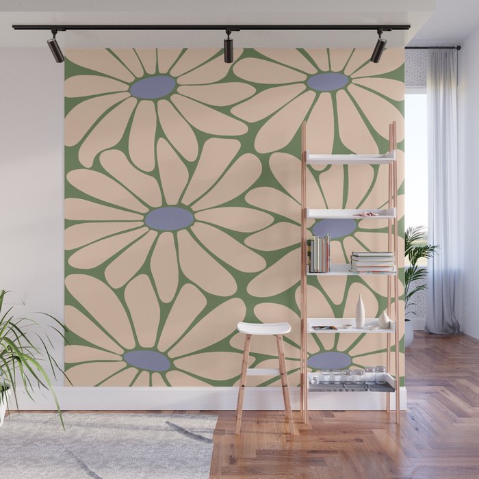Big Daisy - Groovy Flower Green, Off-white and Blue Wall Mural Gallery Image 1