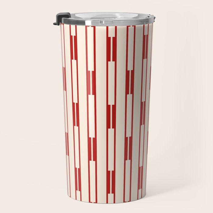Minimalist Geometric Striped Geo Chain Vertical Pattern in Red and Cream Travel Mug Gallery Image 3