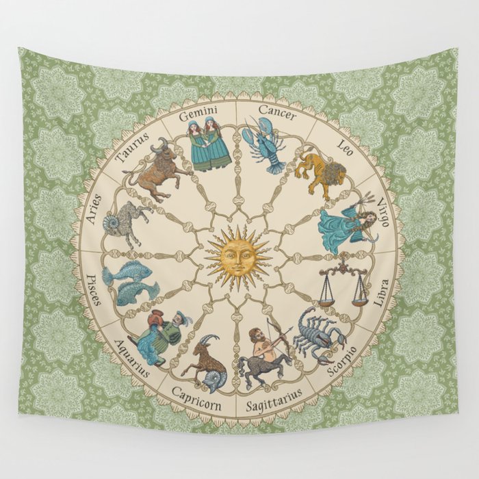 Vintage Astrology Zodiac Wheel Green Wall Tapestry Gallery Image 1