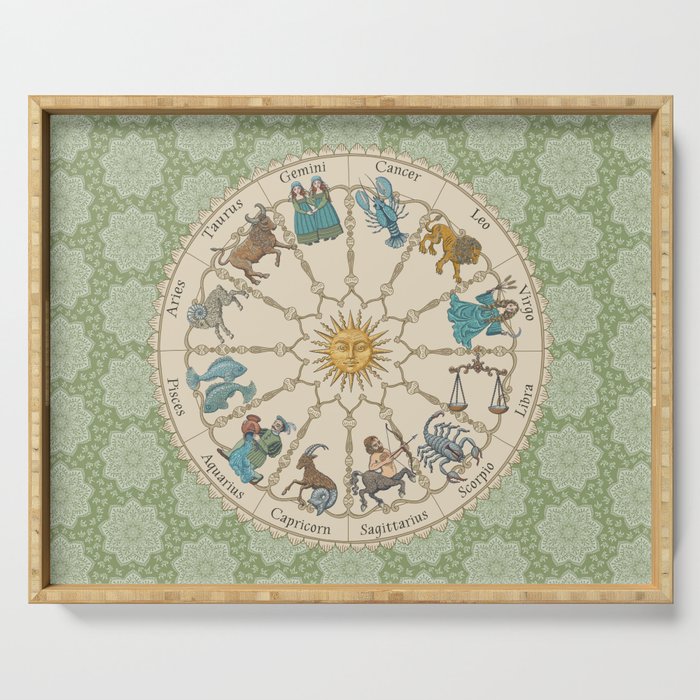 Vintage Astrology Zodiac Wheel Green Serving Tray Gallery Image 1