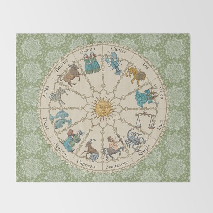 Vintage Astrology Zodiac Wheel Green Throw Blanket Gallery Image 2