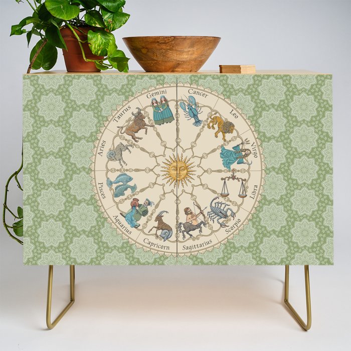Vintage Astrology Zodiac Wheel Green Credenza Gallery Image 1