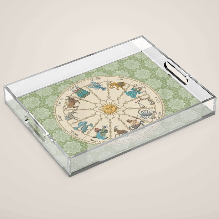 Vintage Astrology Zodiac Wheel Green Acrylic Tray Gallery Image 1