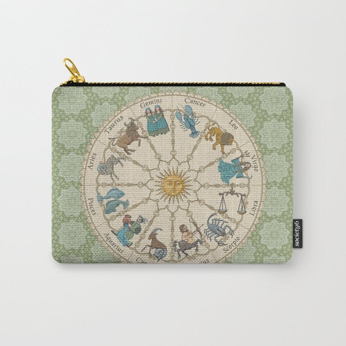 Vintage Astrology Zodiac Wheel Green Carry All Pouch Gallery Image 1