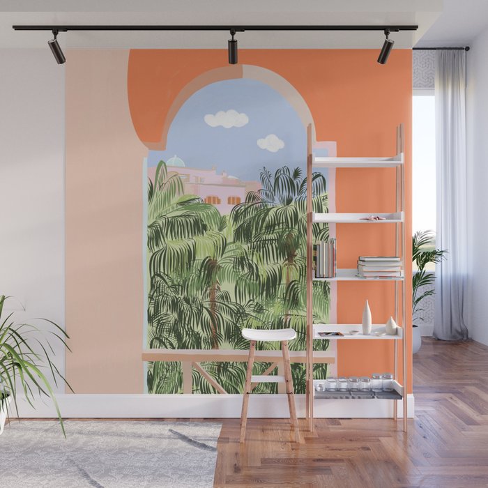 Summer Travel, Tropical Nature Palm Trees, Modern Architecture Palace Illustration Painting Wall Mural Gallery Image 1