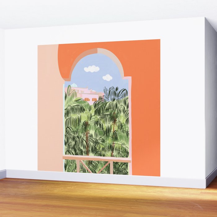 Summer Travel, Tropical Nature Palm Trees, Modern Architecture Palace Illustration Painting Wall Mural Gallery Image 2