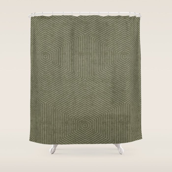 boho hexagon stripes - olive green Shower Curtain Gallery Image 1