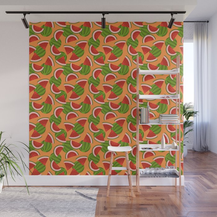 Watermelon Pattern on Orange Wall Mural Gallery Image 1