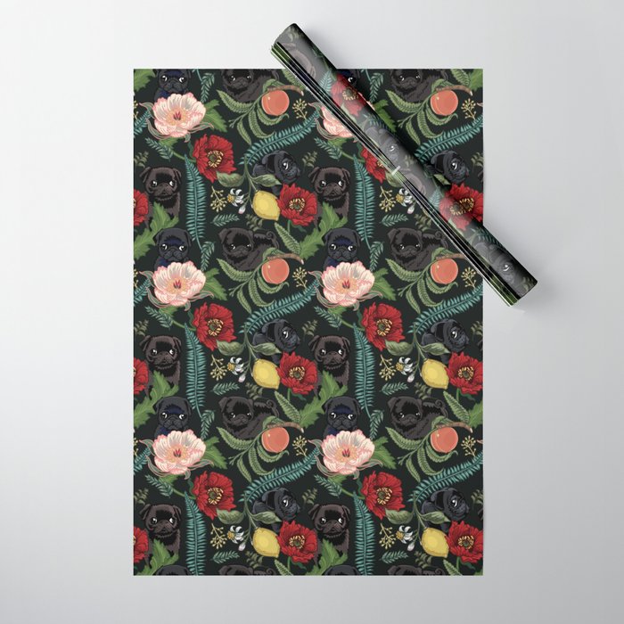 Botanical and Black Pugs Wrapping Paper Gallery Image 1