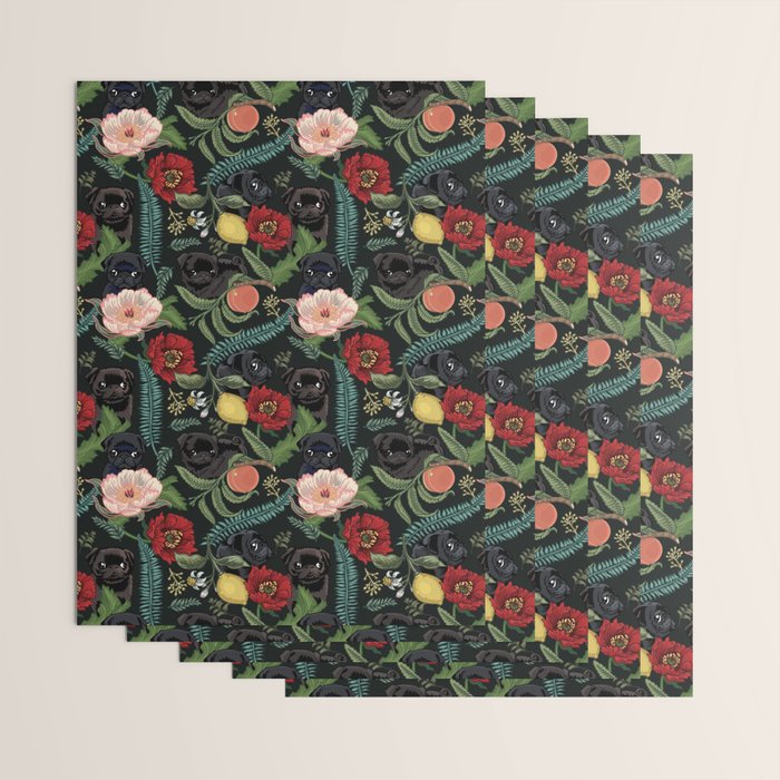 Botanical and Black Pugs Wrapping Paper Gallery Image 3