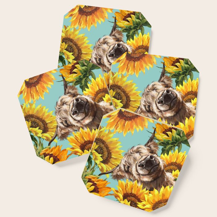 Highland Cow with Sunflowers in Blue Coaster Gallery Image 1
