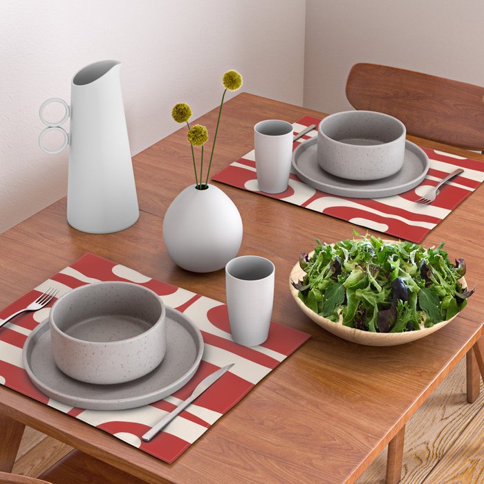 Retro Piquet Mid Century Modern Abstract Pattern in Red and Almond Cream Placemat Gallery Image 2