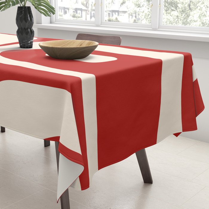 Retro Piquet Mid Century Modern Abstract Pattern in Red and Almond Cream Tablecloth Gallery Image 3