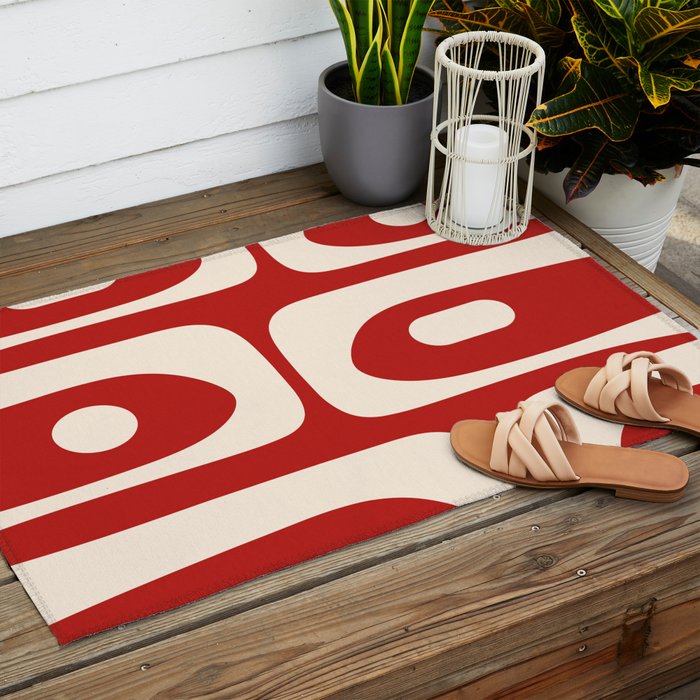 Retro Piquet Mid Century Modern Abstract Pattern in Red and Almond Cream Outdoor Rug Gallery Image 2