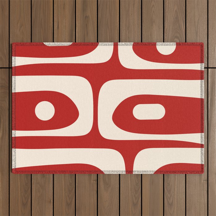 Retro Piquet Mid Century Modern Abstract Pattern in Red and Almond Cream Outdoor Rug Gallery Image 1