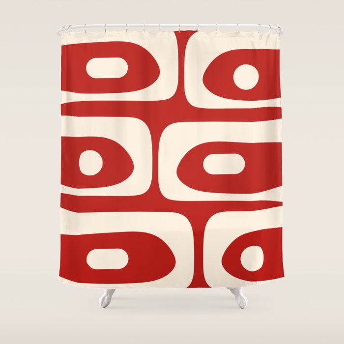 Retro Piquet Mid Century Modern Abstract Pattern in Red and Almond Cream Shower Curtain Gallery Image 1