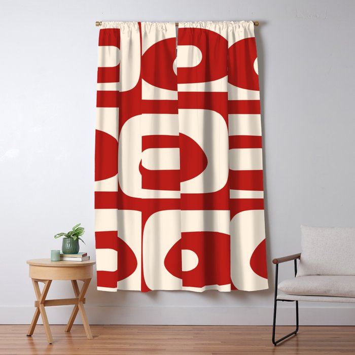 Retro Piquet Mid Century Modern Abstract Pattern in Red and Almond Cream Window Curtain Gallery Image 5