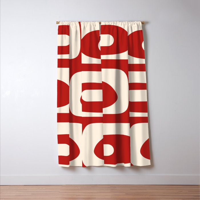 Retro Piquet Mid Century Modern Abstract Pattern in Red and Almond Cream Window Curtain Gallery Image 3