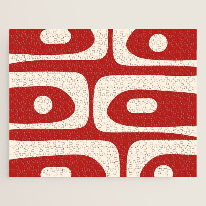 Retro Piquet Mid Century Modern Abstract Pattern in Red and Almond Cream Jigsaw Puzzle Gallery Image 1