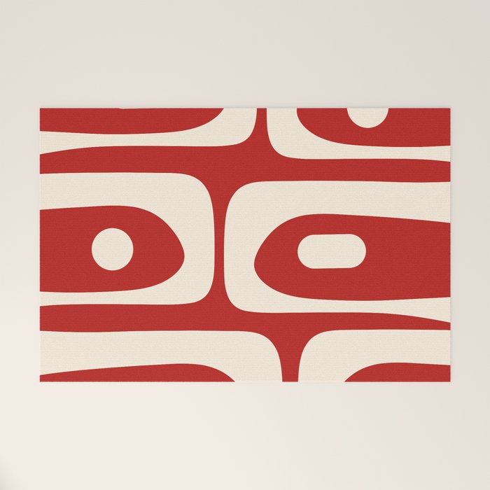 Retro Piquet Mid Century Modern Abstract Pattern in Red and Almond Cream Welcome Mat Gallery Image 1