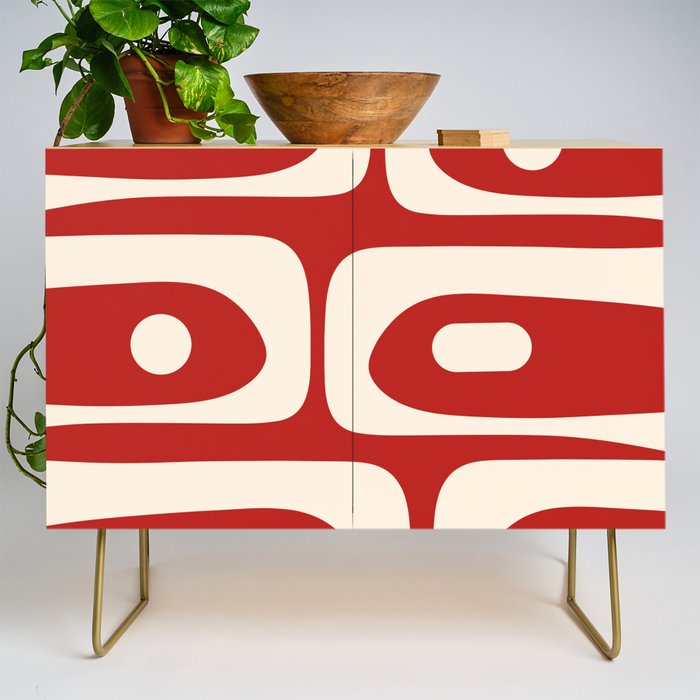 Retro Piquet Mid Century Modern Abstract Pattern in Red and Almond Cream Credenza Gallery Image 1