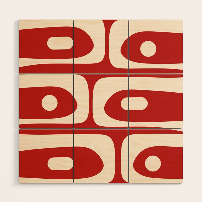 Retro Piquet Mid Century Modern Abstract Pattern in Red and Almond Cream Wood Wall Art Gallery Image 1