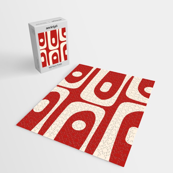 Retro Piquet Mid Century Modern Abstract Pattern in Red and Almond Cream Jigsaw Puzzle Gallery Image 2