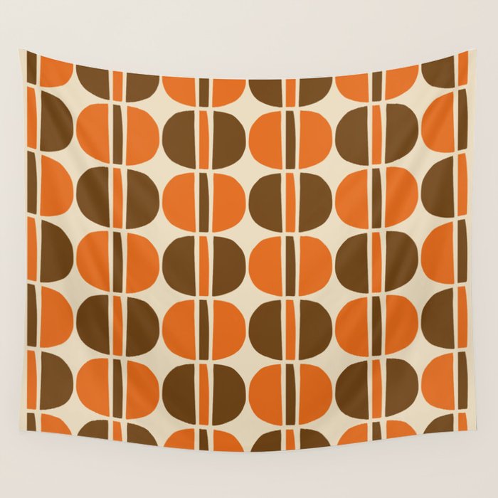 Mid Century Modern Geometric Pattern 127 Autumn Brown and Orange Wall Tapestry Gallery Image 1