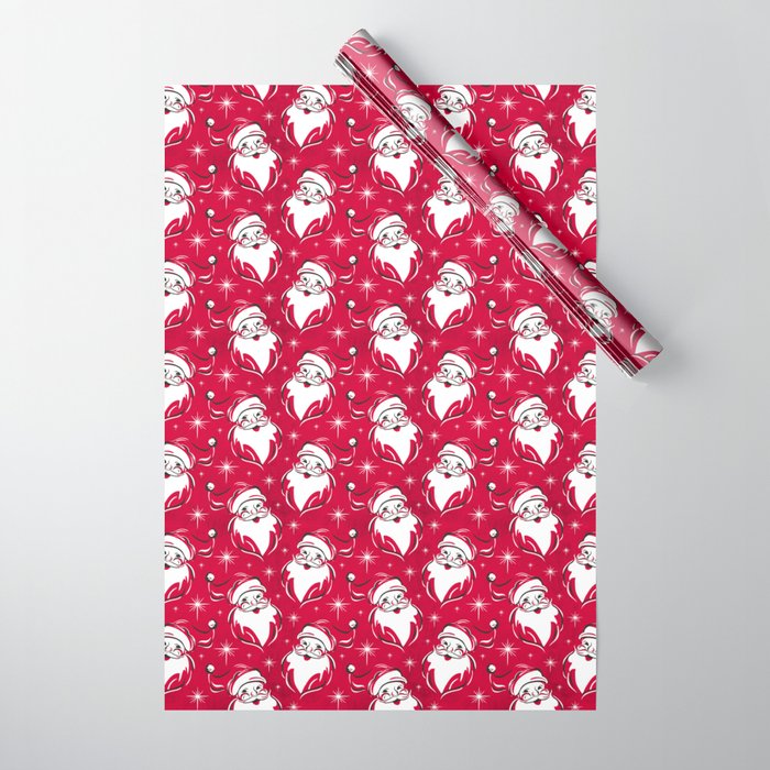 'Tis The Season Retro Santa Red White Pattern Wrapping Paper Gallery Image 1