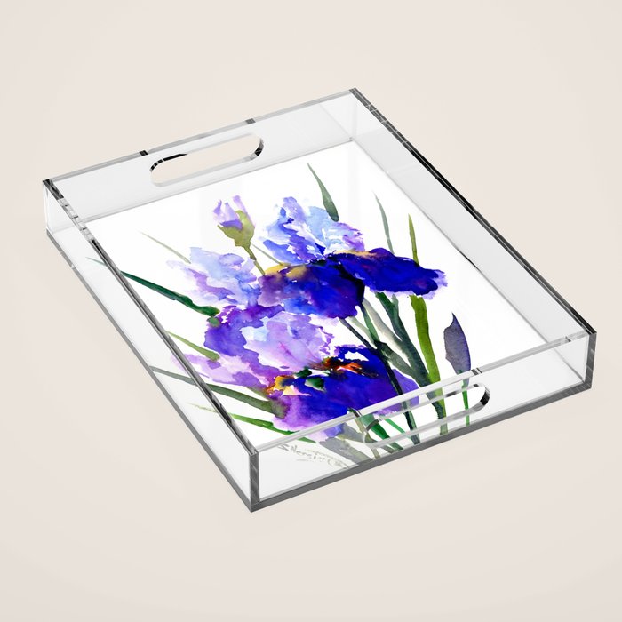 Garden Irises, Blue Purple Floral Design Acrylic Tray Gallery Image 1