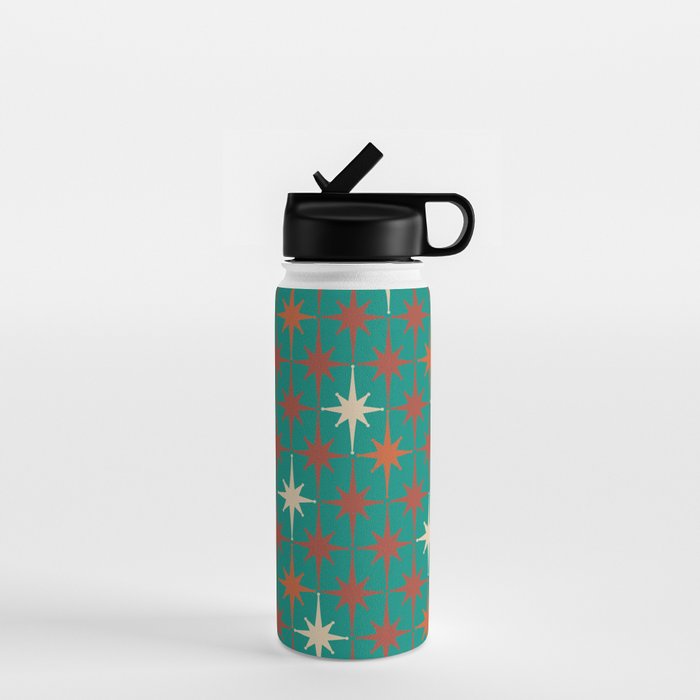 Atomic Age Retro Starburst Mid-century Modern Pattern in Mid Mod Orange, Beige, and Teal Water Bottle Gallery Image 1