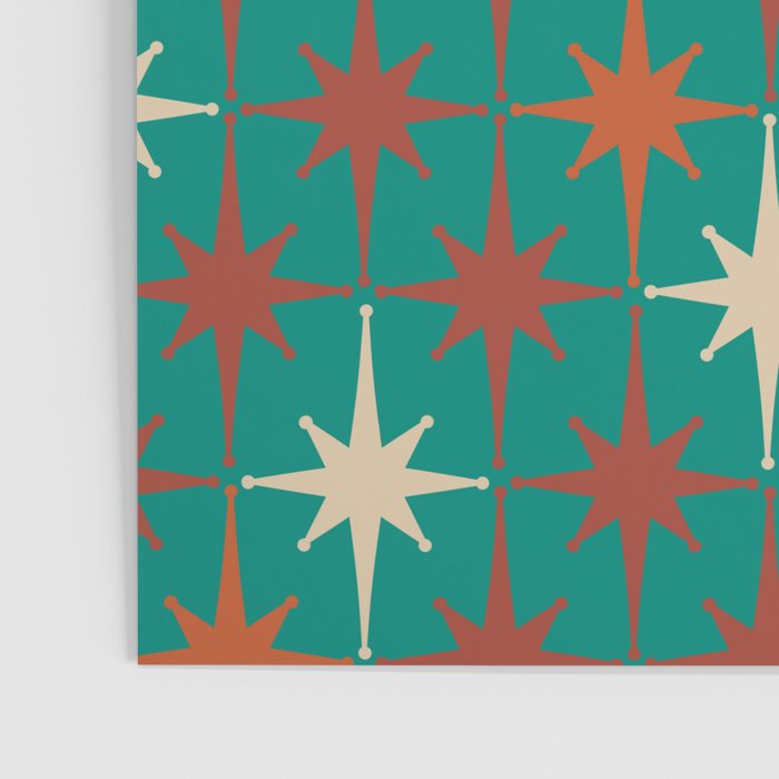 Atomic Age Retro Starburst Mid-century Modern Pattern in Mid Mod Orange, Beige, and Teal Poster Gallery Image 3