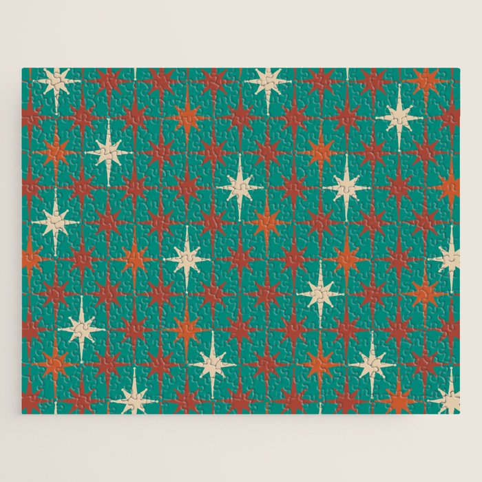 Atomic Age Retro Starburst Mid-century Modern Pattern in Mid Mod Orange, Beige, and Teal Jigsaw Puzzle Gallery Image 1