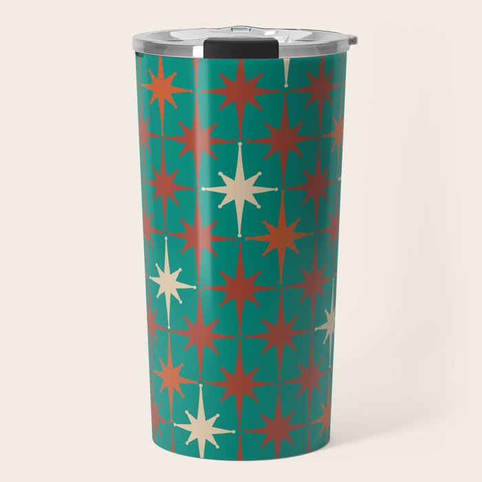 Atomic Age Retro Starburst Mid-century Modern Pattern in Mid Mod Orange, Beige, and Teal Travel Mug Gallery Image 1