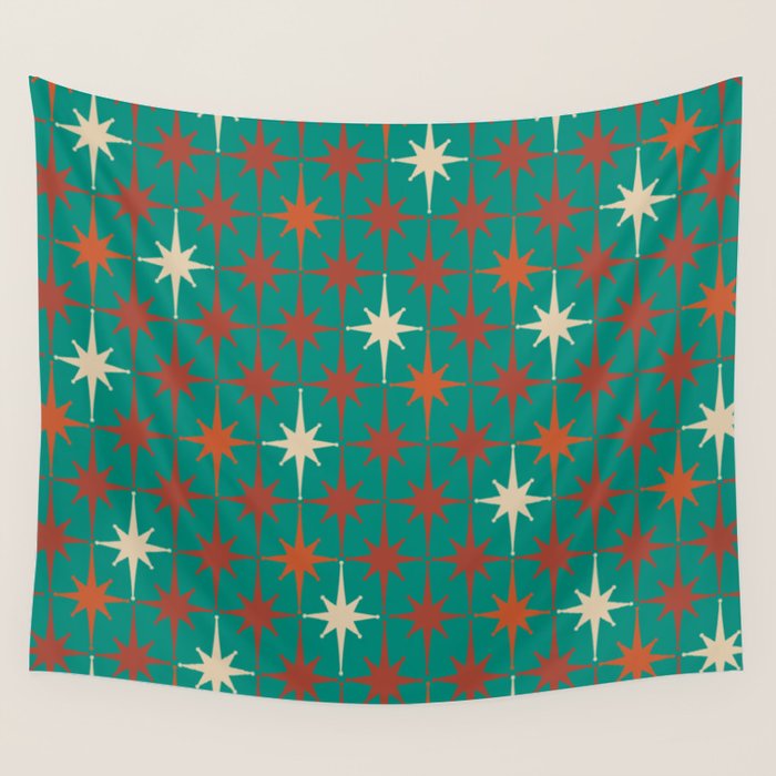 Atomic Age Retro Starburst Mid-century Modern Pattern in Mid Mod Orange, Beige, and Teal Wall Tapestry Gallery Image 4