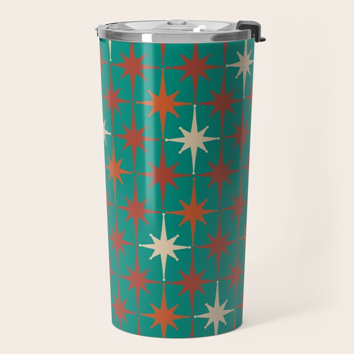 Atomic Age Retro Starburst Mid-century Modern Pattern in Mid Mod Orange, Beige, and Teal Travel Mug Gallery Image 2