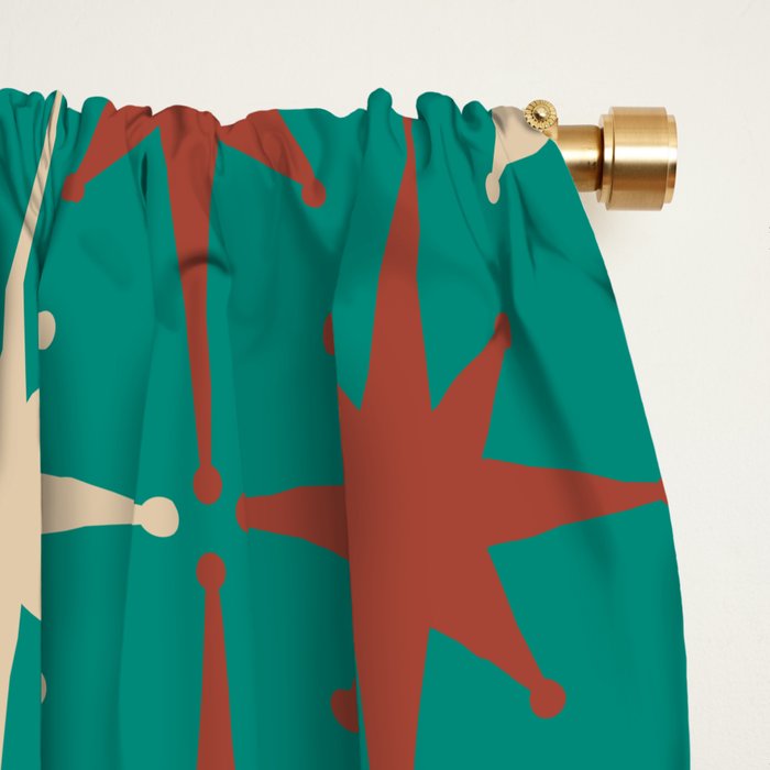 Atomic Age Retro Starburst Mid-century Modern Pattern in Mid Mod Orange, Beige, and Teal Window Curtain Gallery Image 2