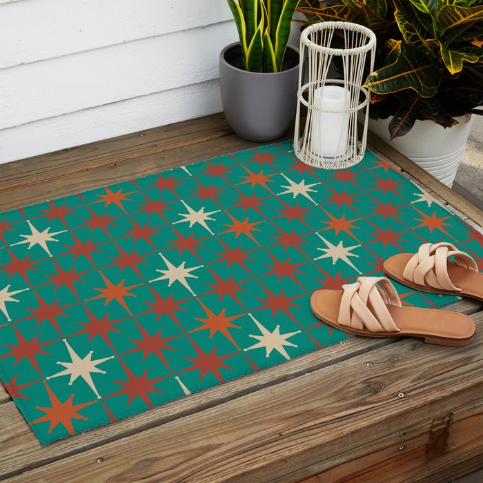 Atomic Age Retro Starburst Mid-century Modern Pattern in Mid Mod Orange, Beige, and Teal Outdoor Rug Gallery Image 2