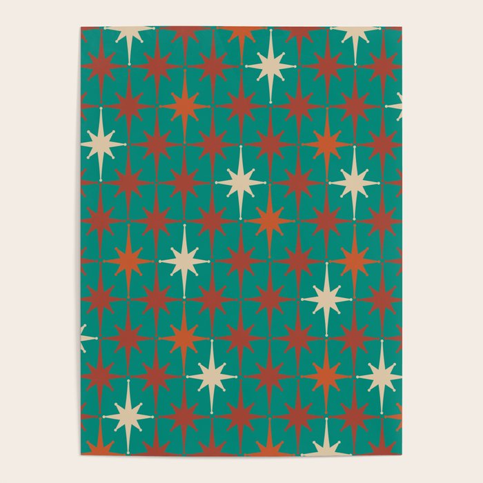 Atomic Age Retro Starburst Mid-century Modern Pattern in Mid Mod Orange, Beige, and Teal Poster Gallery Image 4