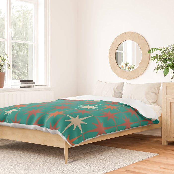 Atomic Age Retro Starburst Mid-century Modern Pattern in Mid Mod Orange, Beige, and Teal Duvet Cover Gallery Image 2