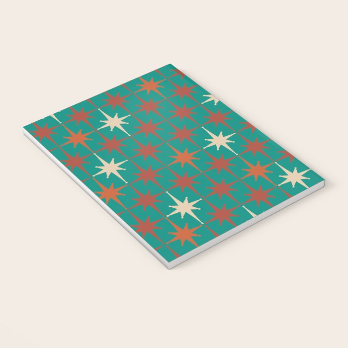 Atomic Age Retro Starburst Mid-century Modern Pattern in Mid Mod Orange, Beige, and Teal Notebook Gallery Image 3