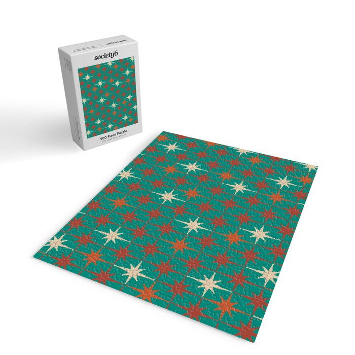 Atomic Age Retro Starburst Mid-century Modern Pattern in Mid Mod Orange, Beige, and Teal Jigsaw Puzzle Gallery Image 2