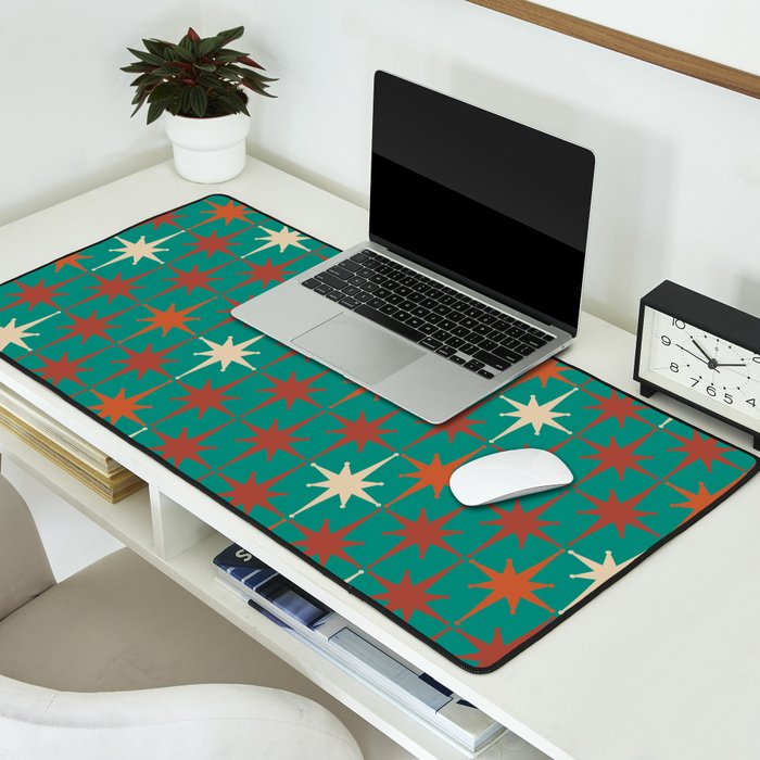 Atomic Age Retro Starburst Mid-century Modern Pattern in Mid Mod Orange, Beige, and Teal Desk Mat Gallery Image 2