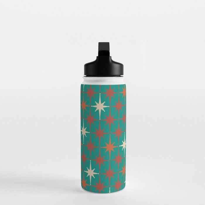 Atomic Age Retro Starburst Mid-century Modern Pattern in Mid Mod Orange, Beige, and Teal Water Bottle Gallery Image 3