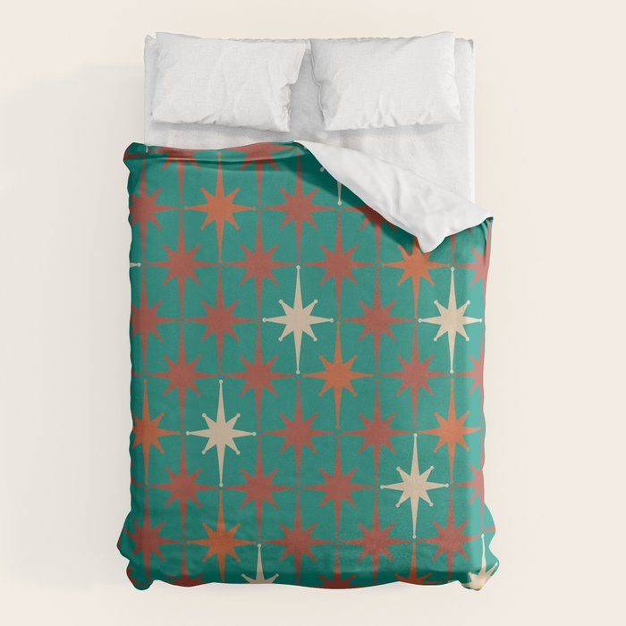 Atomic Age Retro Starburst Mid-century Modern Pattern in Mid Mod Orange, Beige, and Teal Duvet Cover Gallery Image 6