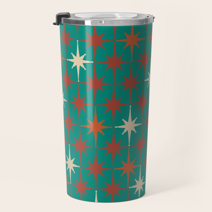 Atomic Age Retro Starburst Mid-century Modern Pattern in Mid Mod Orange, Beige, and Teal Travel Mug Gallery Image 3